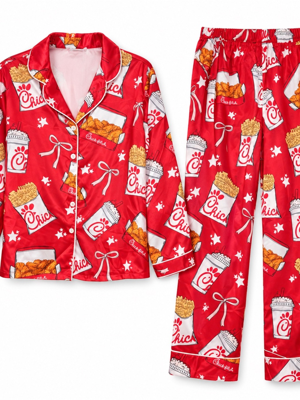 SHESHOW Chick-fil-A Satin Pajama Set Red Long Sleeve Pants NWT - Picture 2 of 9
